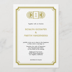 Tan black art deco retro Hollywood glam wedding Invitation