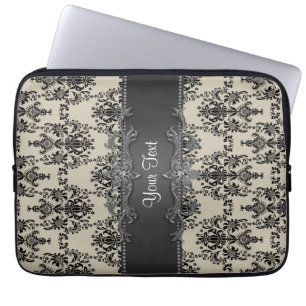 Tan Black Damask Personalised Laptop Sleeve