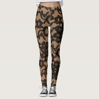 Tan & Black Elegant Faux Lace Spandex Leggings