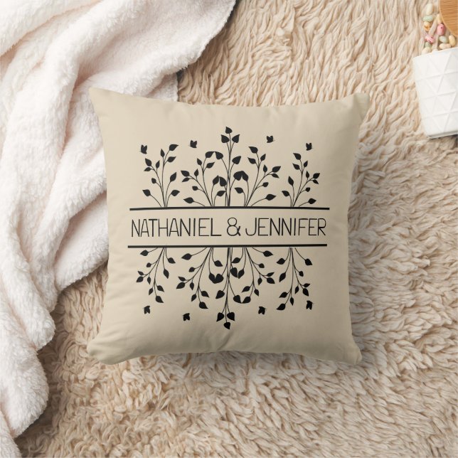 Tan & Black Floral Frame Monogram Wedding Cushion (Blanket)