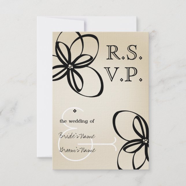 Tan & Black Modern Wedding RSVP With Flowers (Front)