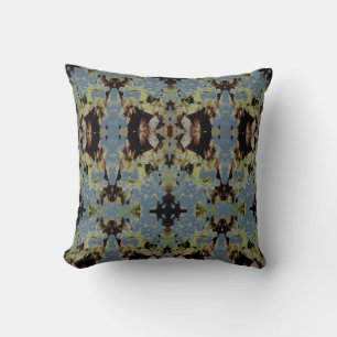 Tan Black Olive on Blue Symmetrical Abstract Print Cushion