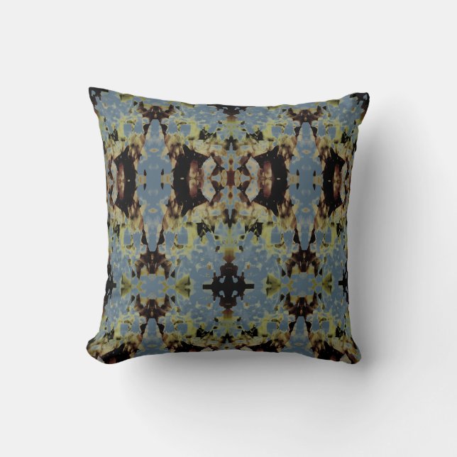 Tan Black Olive on Blue Symmetrical Abstract Print Cushion (Front)