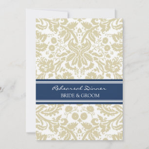 Tan Blue Damask Rehearsal Dinner Party Invitation