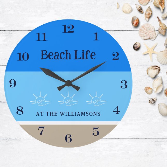 Tan Blue Stripes Family Name Beach House Large Clock (Creator Uploaded)