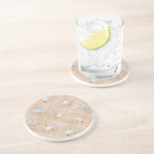 Tan Blue White Flowers Coaster
