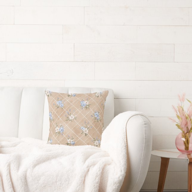 Tan Blue White Flowers Cushion (Couch)