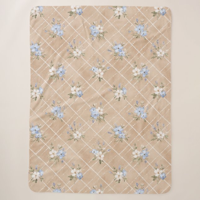 Tan Blue White Flowers Sherpa Blanket (Front)