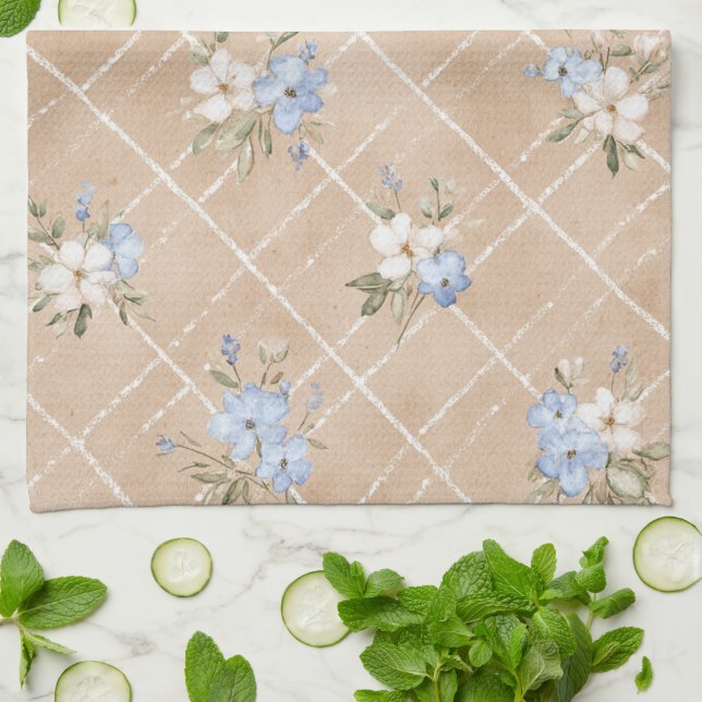 Tan Blue White Flowers Tea Towel (Folded)