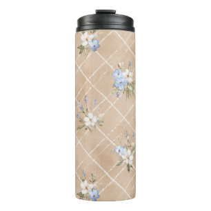 Tan Blue White Flowers Thermal Tumbler