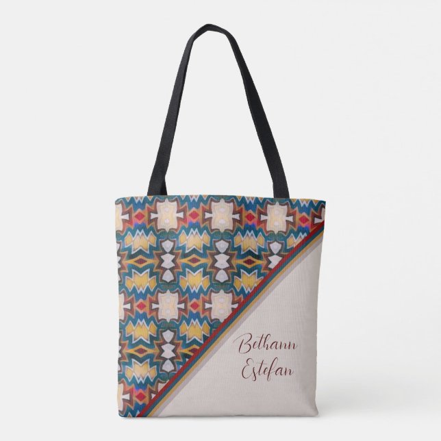 Tan, Blue, White & Red Tribal Inspired Shapes Tote (Back)