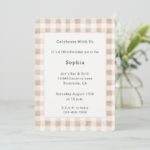 Tan Blush Cream Plaid Stripes Birthday Invitation