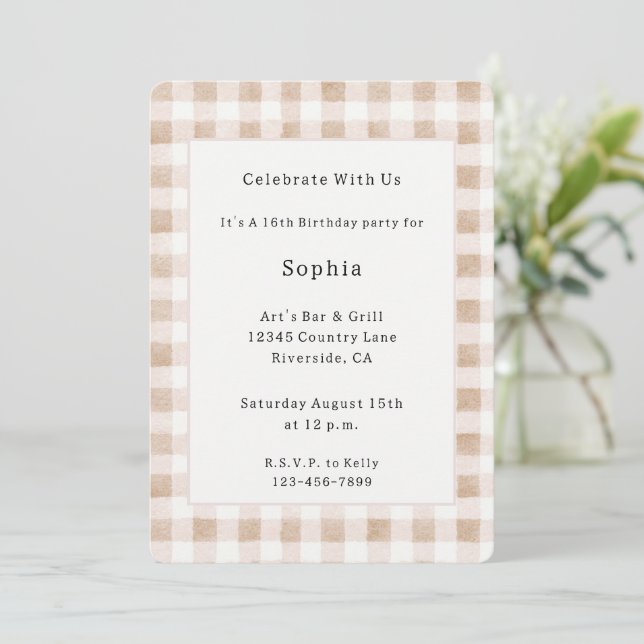 Tan Blush Cream Plaid Stripes Birthday Invitation (Standing Front)