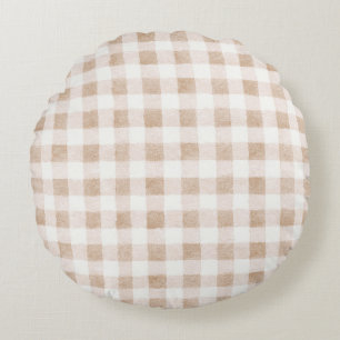 Tan Blush Cream Plaid Stripes Round Cushion