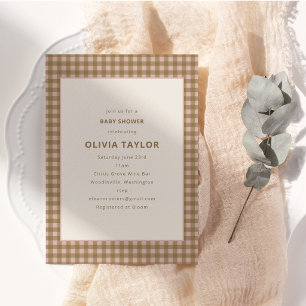 Tan Blush Pink Gingham Earthy Baby Shower Party Invitation