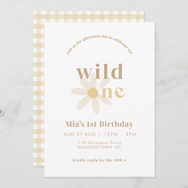 Tan Boho Daisy Floral First Birthday Invitation (Front/Back)