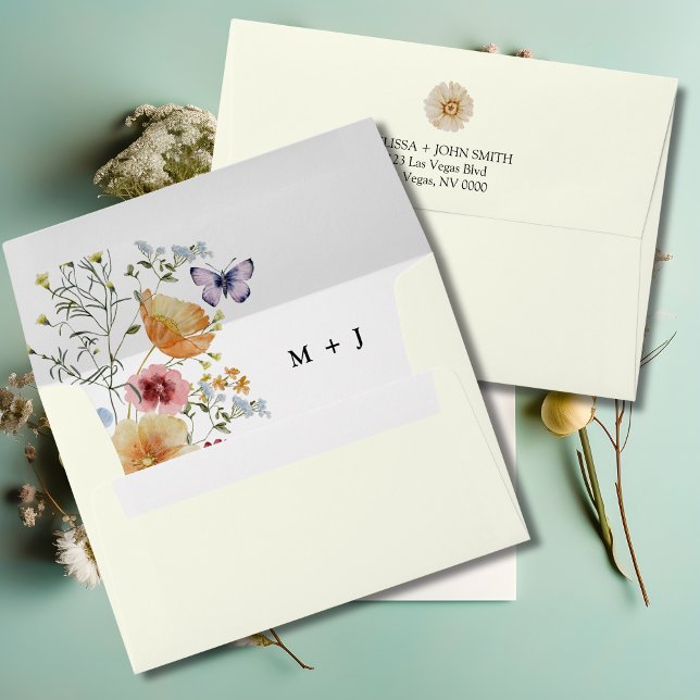 Tan Boho Elegant Wildflower Wedding Envelope (Creator Uploaded)