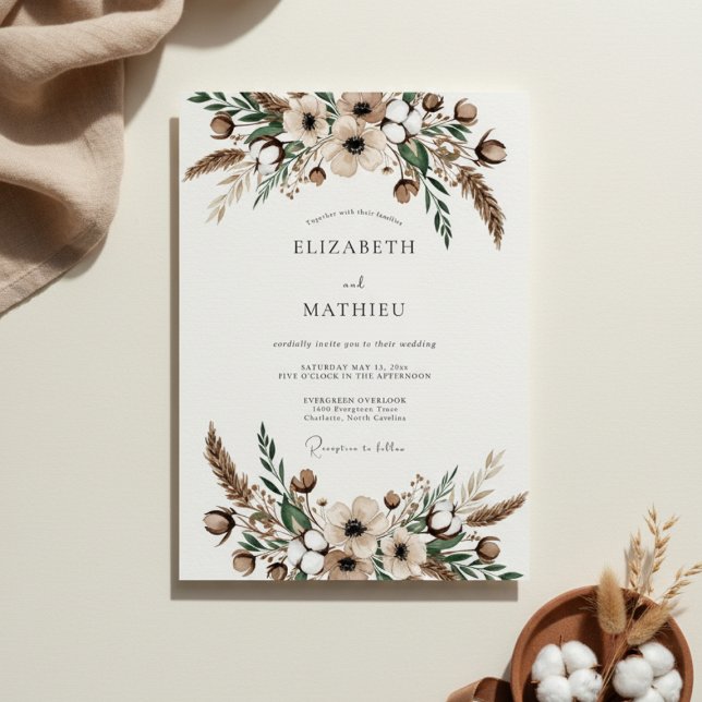 Tan Botanical Flourish Wedding Invitation (Creator Uploaded)