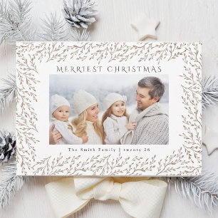 Tan Botanical Frame Merriest Christmas Photo Holiday Card