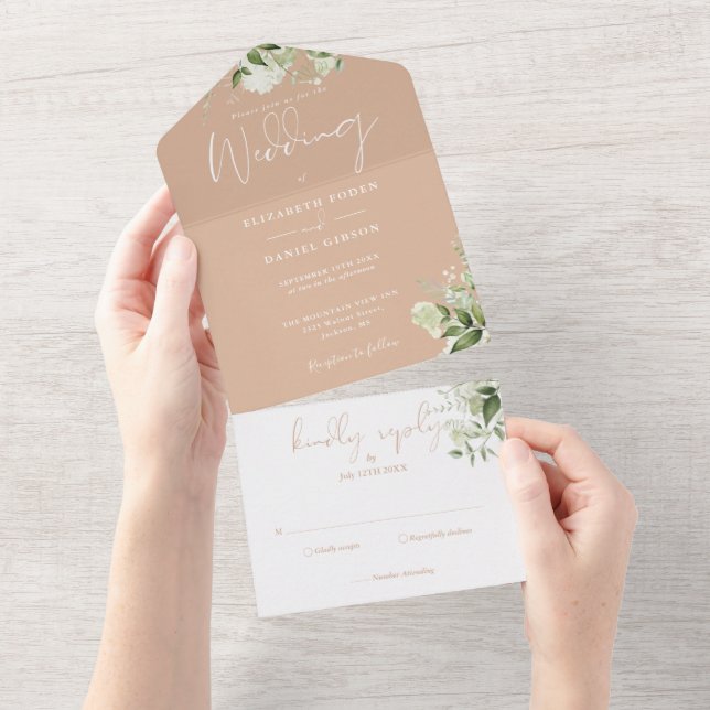 Tan Botanical Greenery Monogram Wedding All In One Invitation (Tearaway)