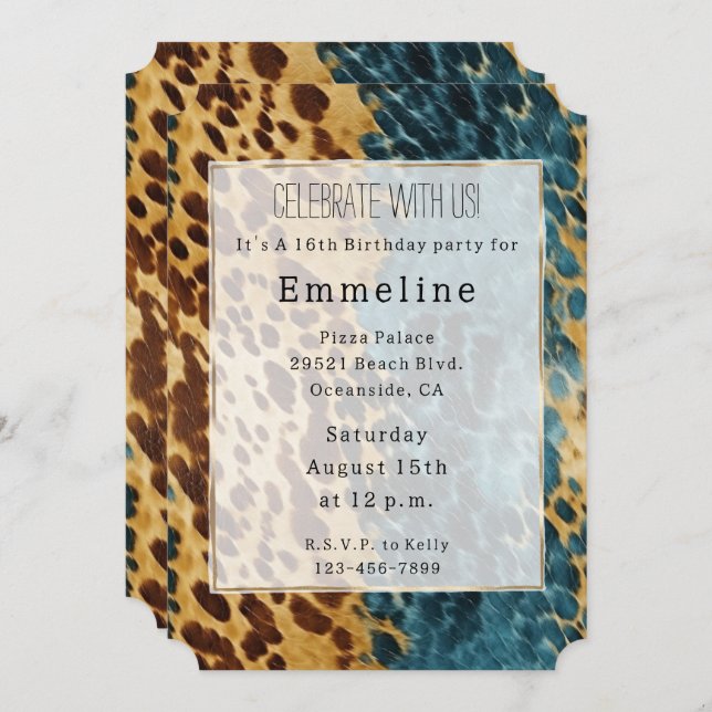 Tan Brown Blue Southwest Cowhide Invitation (Front/Back)