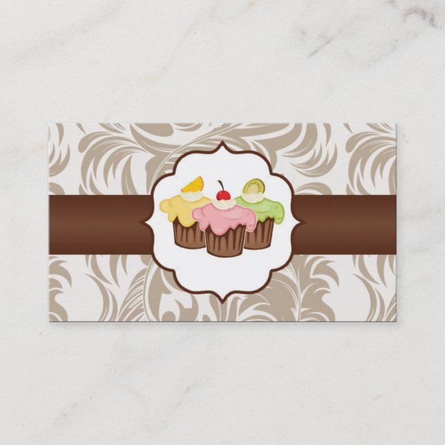 Tan & Brown Floral Cup Cake Bakery Business Card (Front)