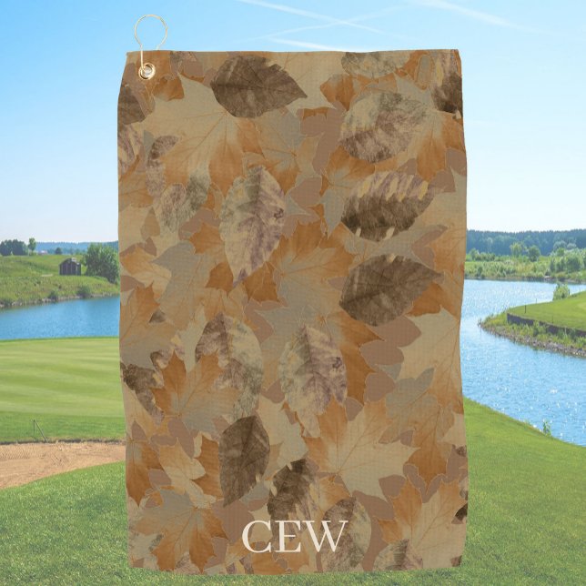 Tan Brown Leaves Custom Monogram or Name Camo Golf Towel (Creator Uploaded)