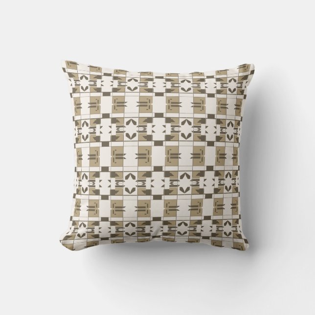 Tan Brown Off-White Chequerboard Small Art Tiles Cushion (Front)