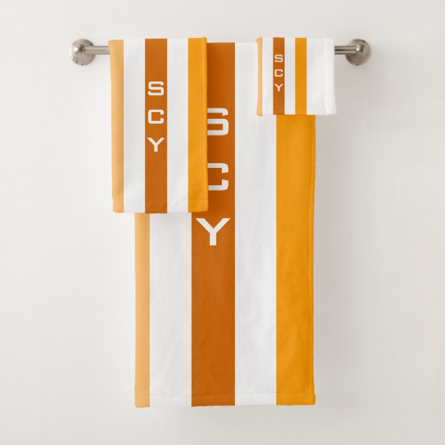 Tan Brown Orange Vertical Stripes Monogram Bath Towel Set (Insitu)