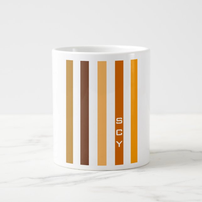 Tan Brown Orange Vertical Stripes Monogram Large Coffee Mug (Front)