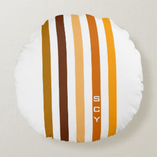 Tan Brown Orange Vertical Stripes Monogram Round Cushion