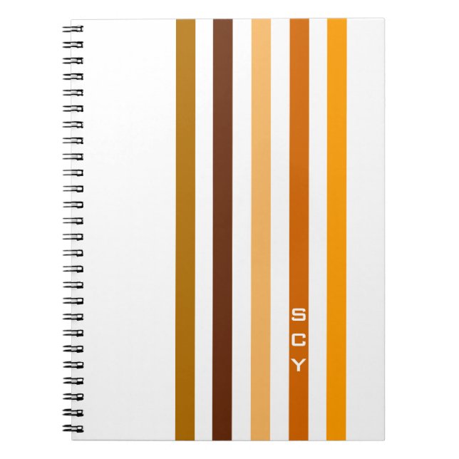 Tan Brown Orange Vertical Stripes Monogram Spiral Notebook (Front)
