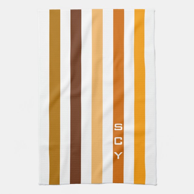 Tan Brown Orange Vertical Stripes Monogram Tea Towel (Vertical)