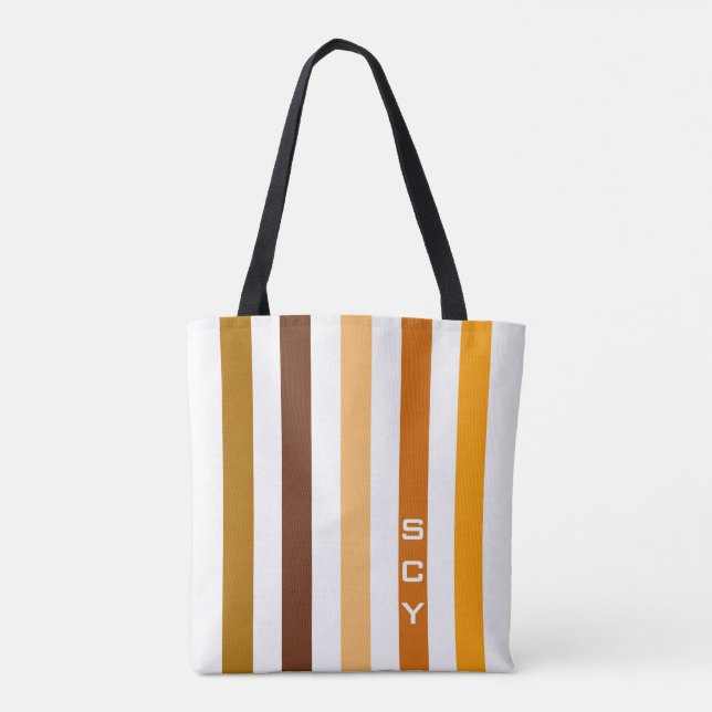 Tan Brown Orange Vertical Stripes Monogram Tote Bag (Back)