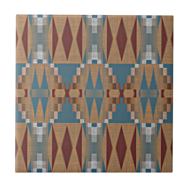 Tan Brown Teal Blue Dark Red Ethnic Tribe Art Tile (Front)