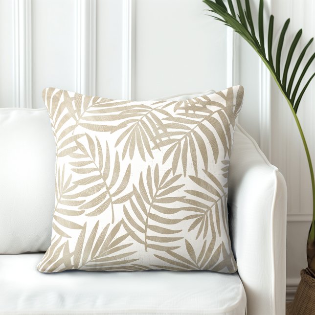 Tan Brown & White Palm Leaves Throw Pillow (Creator Uploaded)