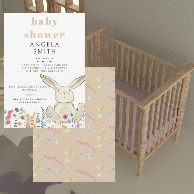 Tan Bunny & Wildflowers Colourful Baby Shower Invitation (Creator Uploaded)