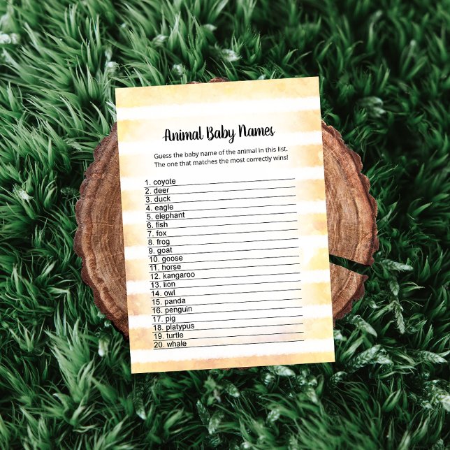 Tan Bunny Yellow Animal Baby Names Game Card (Creator Uploaded)
