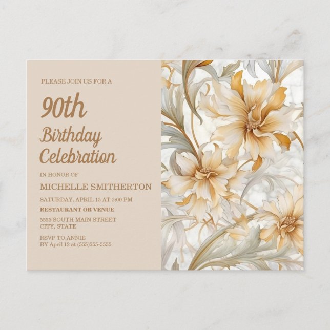 Tan Champagne Floral Women's 90th Birthday Invitation Postcard (Front)