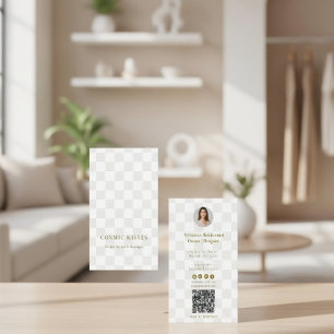 Tan Chequered Gold QR Code Boutique Vertical Photo Business Card