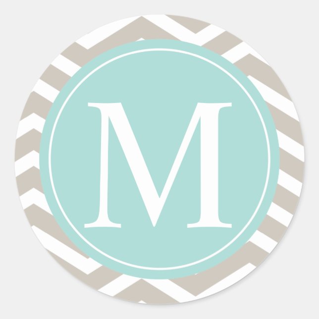 Tan Chevron Turquoise Monogram Classic Round Sticker (Front)