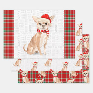 Tan Chihuahua Christmas Dog and Plaid Wrapping Paper Sheet