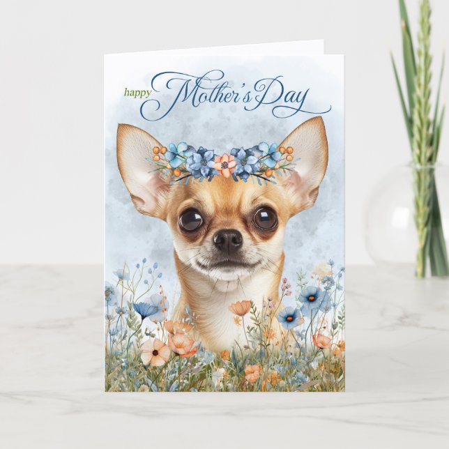 Tan Chihuahua Dog with Wildflowers Mother's Day Holiday Card (Front)