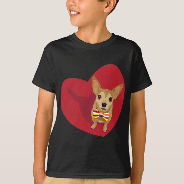 Tan Chihuahua with a bow tie in a red heart T-Shirt (Front)