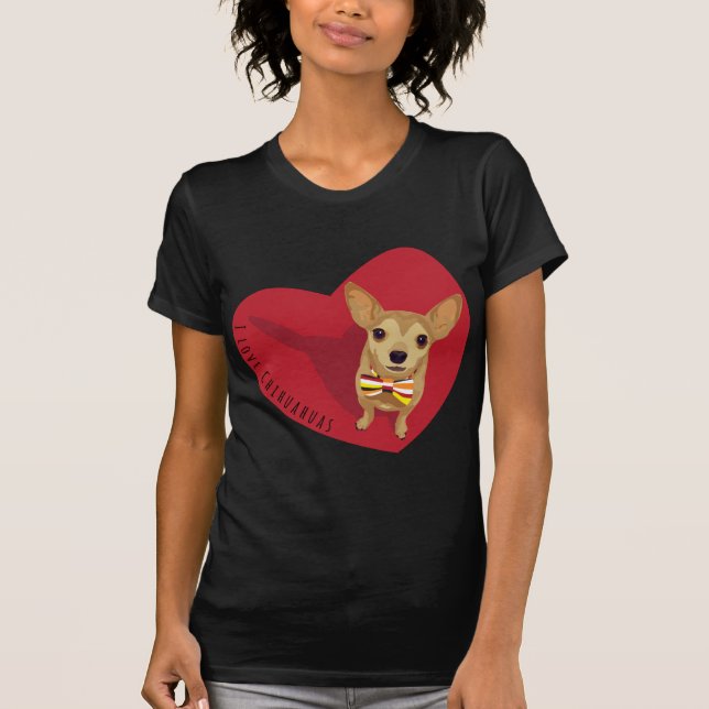 Tan Chihuahua with a bow tie in a red heart T-Shirt (Front)
