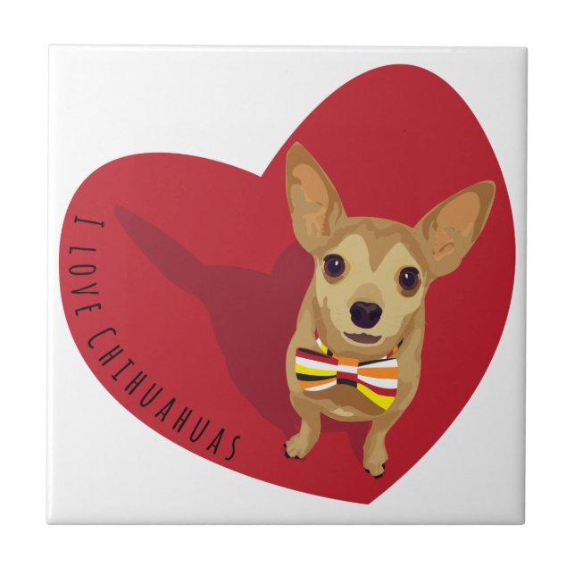 Tan Chihuahua with a bow tie in a red heart Tile (Front)