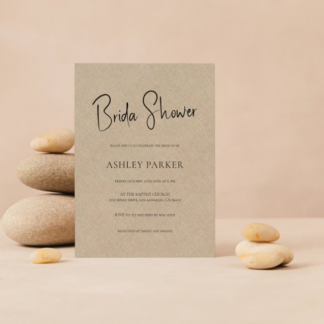 Tan Colour Linen Simple Black Script Bridal Shower Invitation (Creator Uploaded)