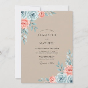 Tan Coral Painted Wedding Invitation