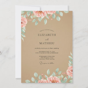 Tan Coral Watercolor Wedding Invitation