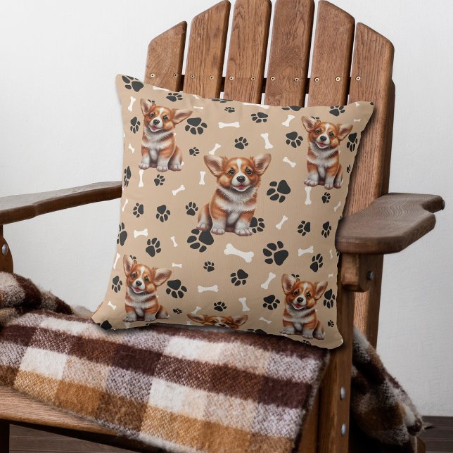 Tan Corgi Puppy Pawprints and Bones Cushion (Creator Uploaded)